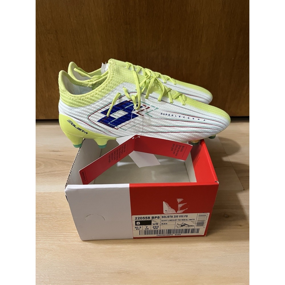 Lotto Solista 200 VIII FG Soccer Shoes Mens 8 Sunny Lime Surf the Web White New